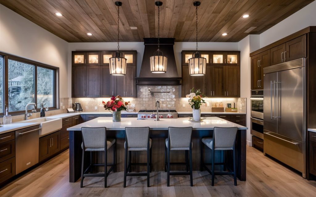 A modern kitchen with a wooden ceiling, stainless steel appliances, and a large island