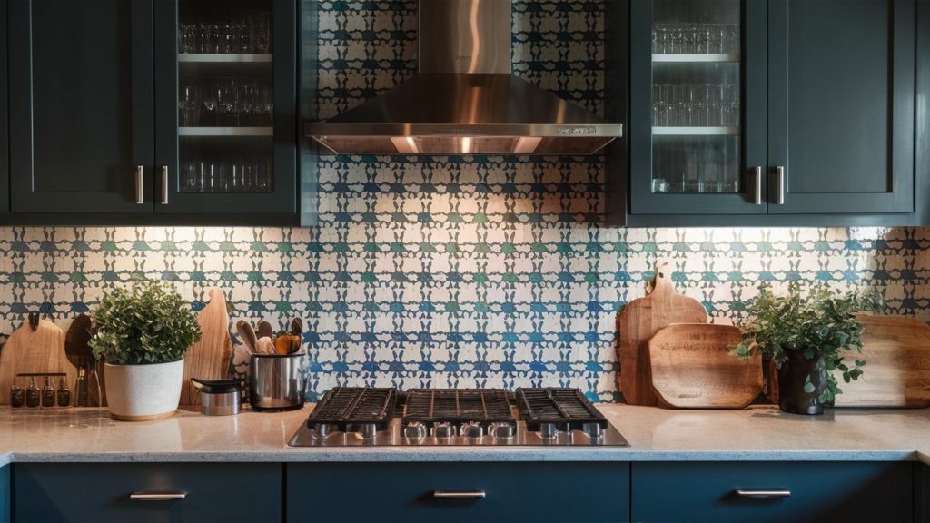 A kitchen featuring blue cabinets and a stovetop.