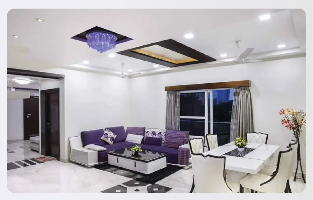 A modern living room with a purple sofa