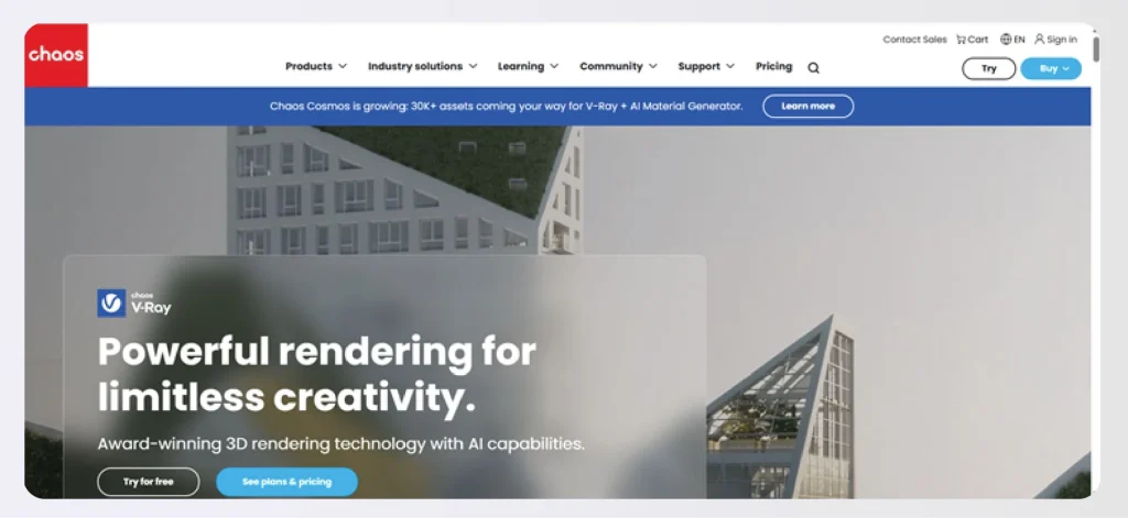 Website interface for V-Ray software