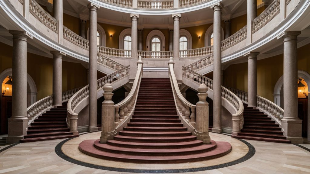 Grand, bifurcated staircase with marble columns and a domed ceiling