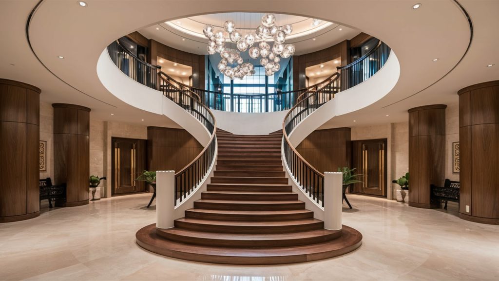 Curved wooden staircase with white railings and a grand chandelier above