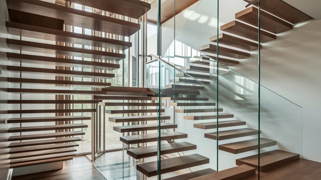 A minimalist staircase design featuring floating wooden steps and a glass railing.