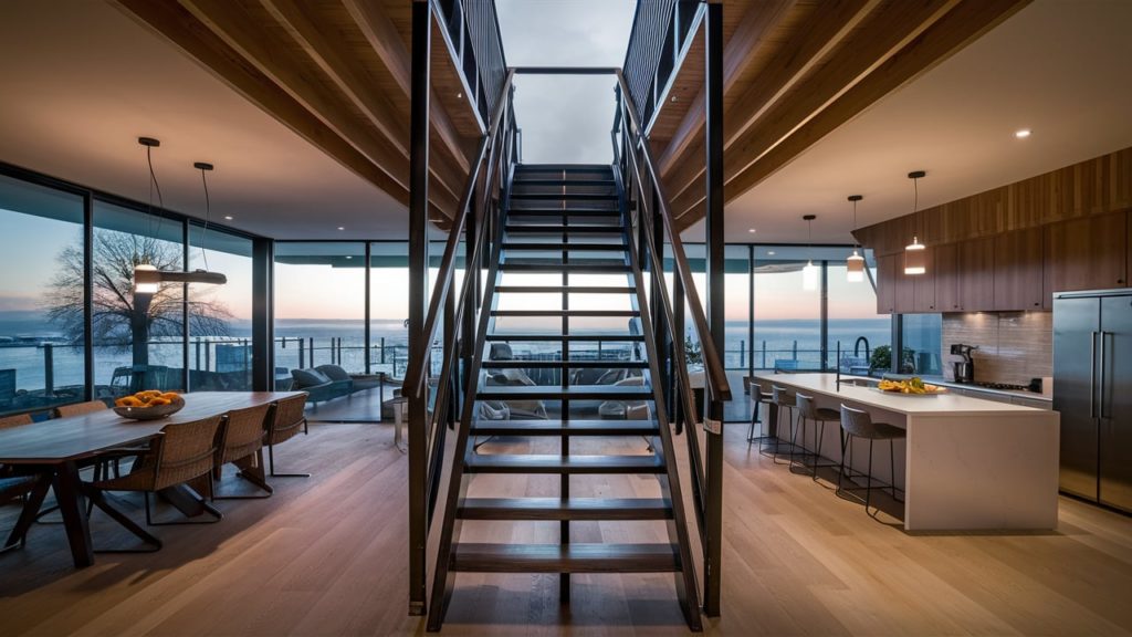 A modern, open-plan living space featuring a sleek black metal staircase with wood treads. Large windows offer stunning ocean views.