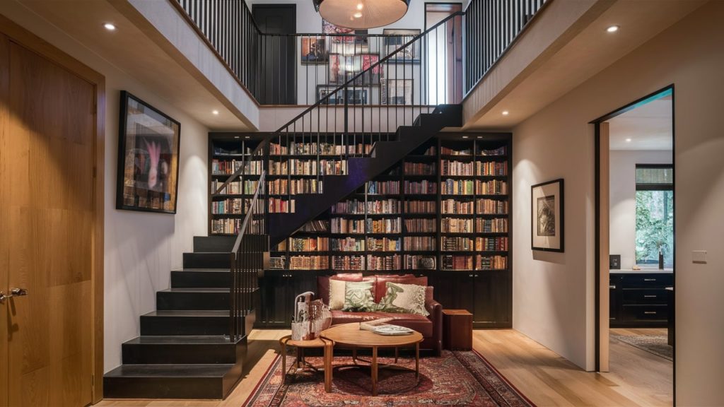 A modern, space-saving staircase with a built-in bookshelf and a small seating area below.