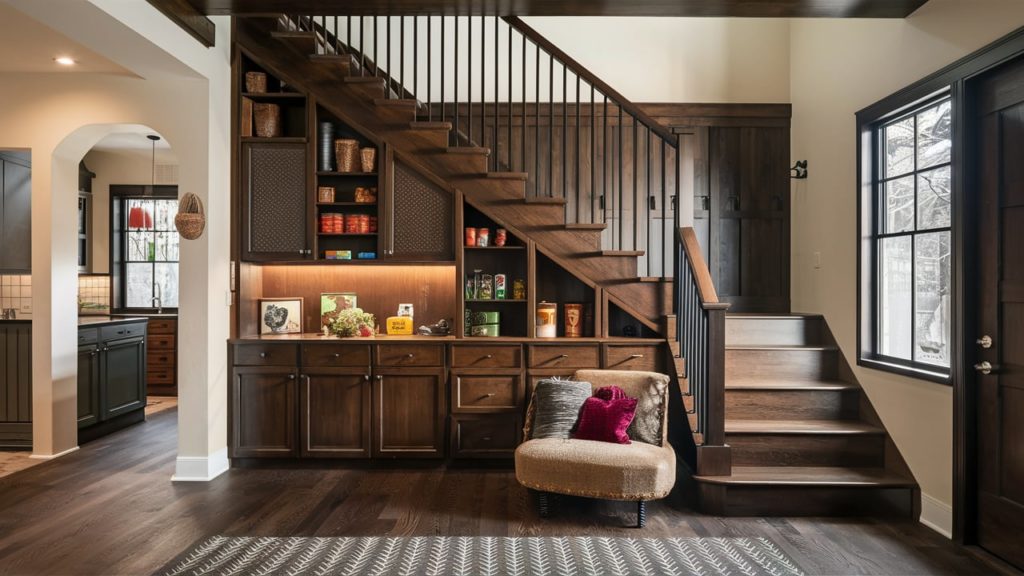 Wooden staircase with shelves and drawers for storage