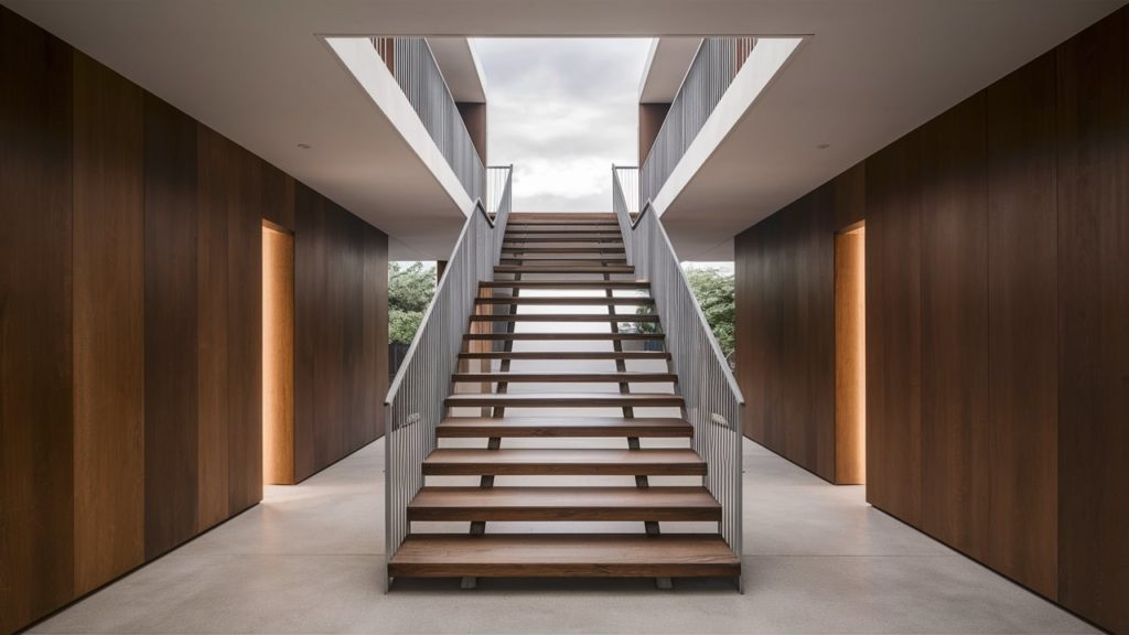 A wooden staircase with metal railings, leading to a skylight above