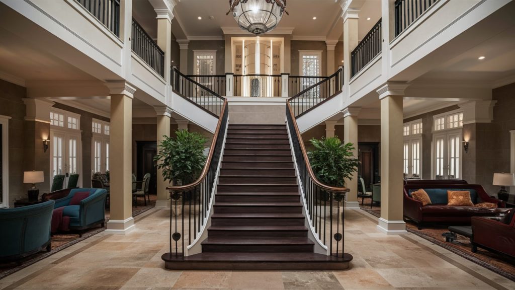 A grand, double staircase with a central landing, flanked by tall columns and ornate railings. The stairs lead up to a second-floor balcony.