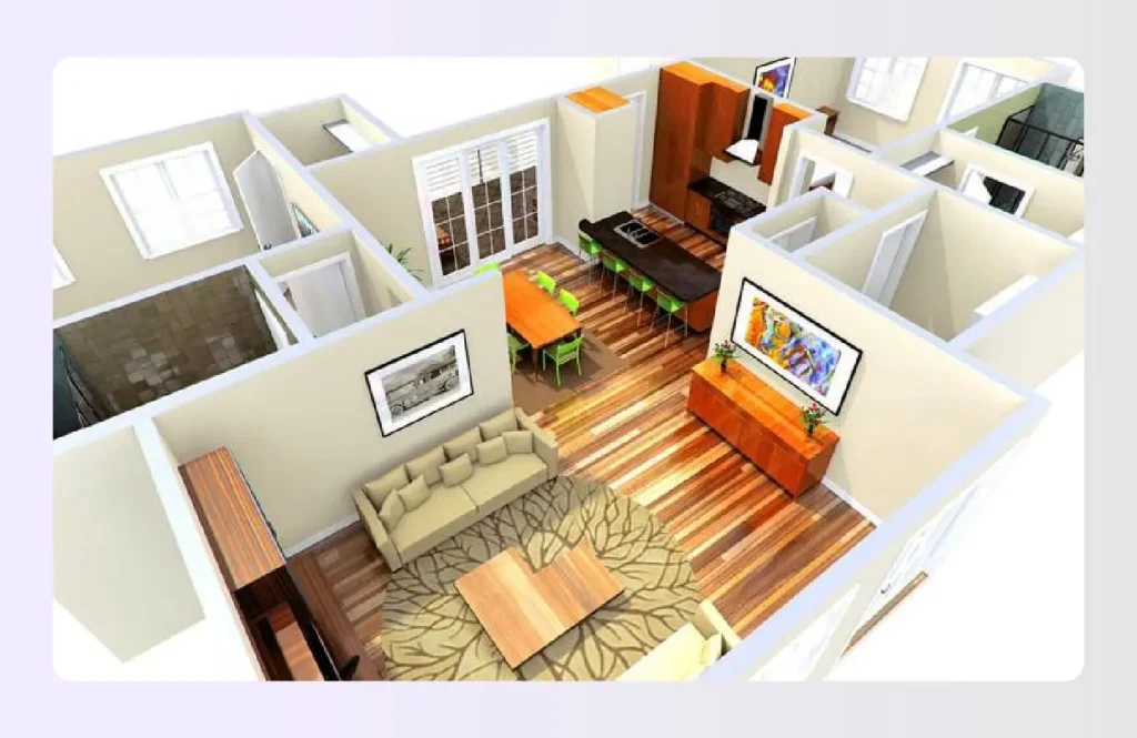 Top down view of furnished apartment 3D floor plan Top down view of furnished apartment 3D floor plan