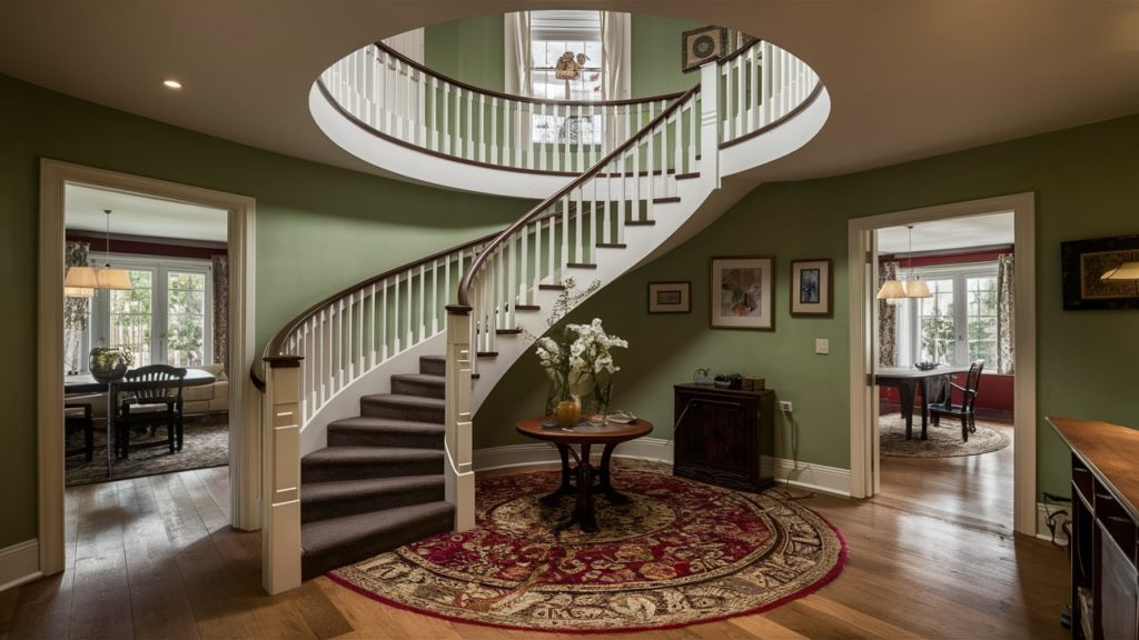 A winding staircase with white railings and a carpeted center, surrounded by a circular room with green walls, wooden floors, and framed artwork.