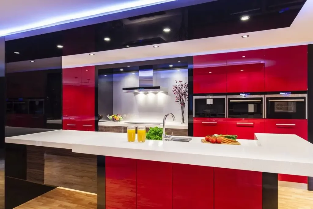 Red black and grey kitchen by Ashlene