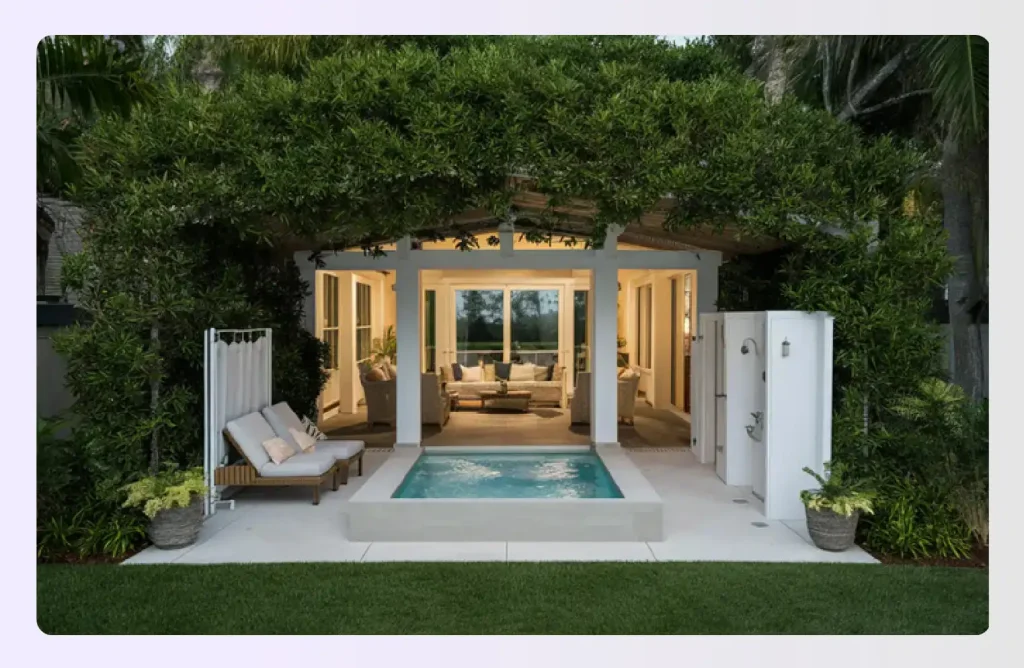 Destination patio with plunge pool, outdoor shower, and seating