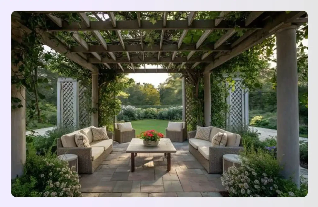 Elegant stone patio shaded by large, vine-covered wooden arbor
