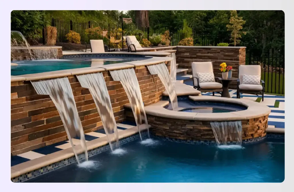 Irregularly shaped pool patio with multiple waterfalls and levels