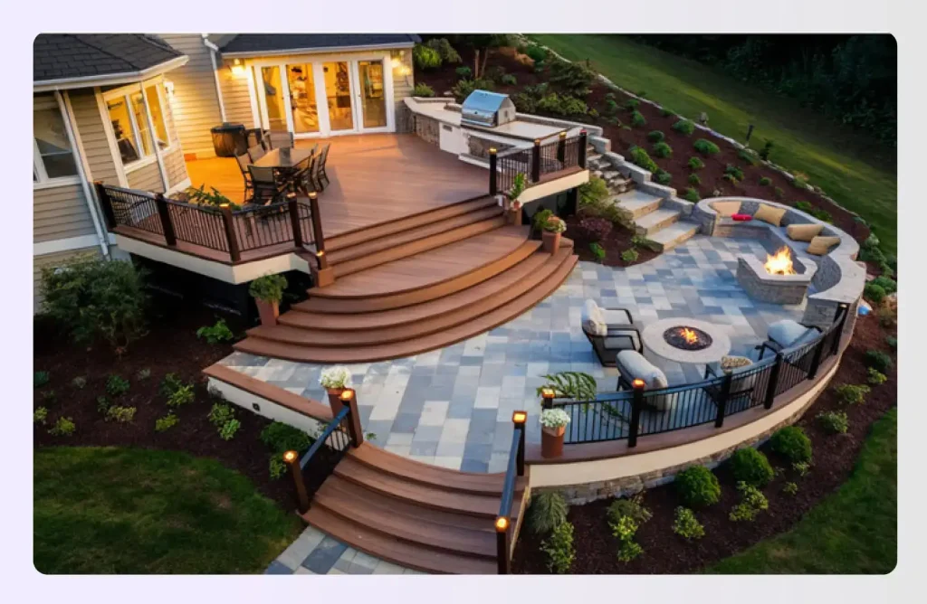 Multi-level deck and patio combo on sloping site