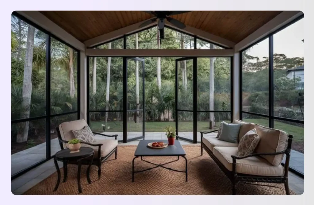Screened-in patio with vaulted ceiling and woodland view