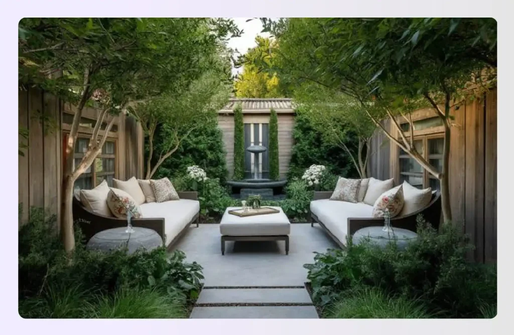 Secluded backyard patio with daybeds, water feature, and greenery