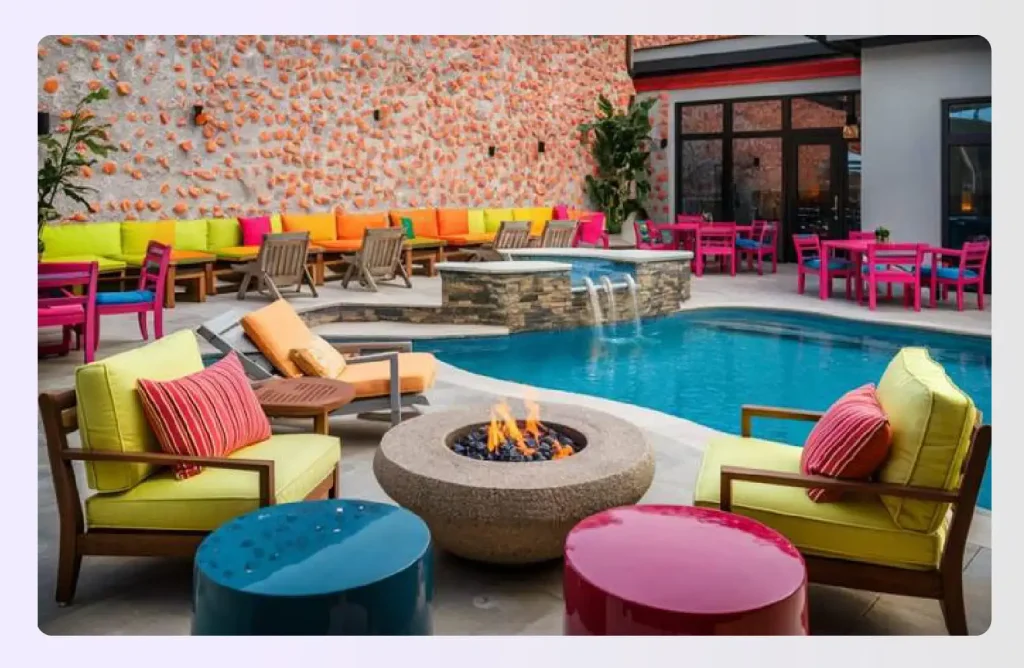 Vibrant poolside patio with colorful furniture and fire pit