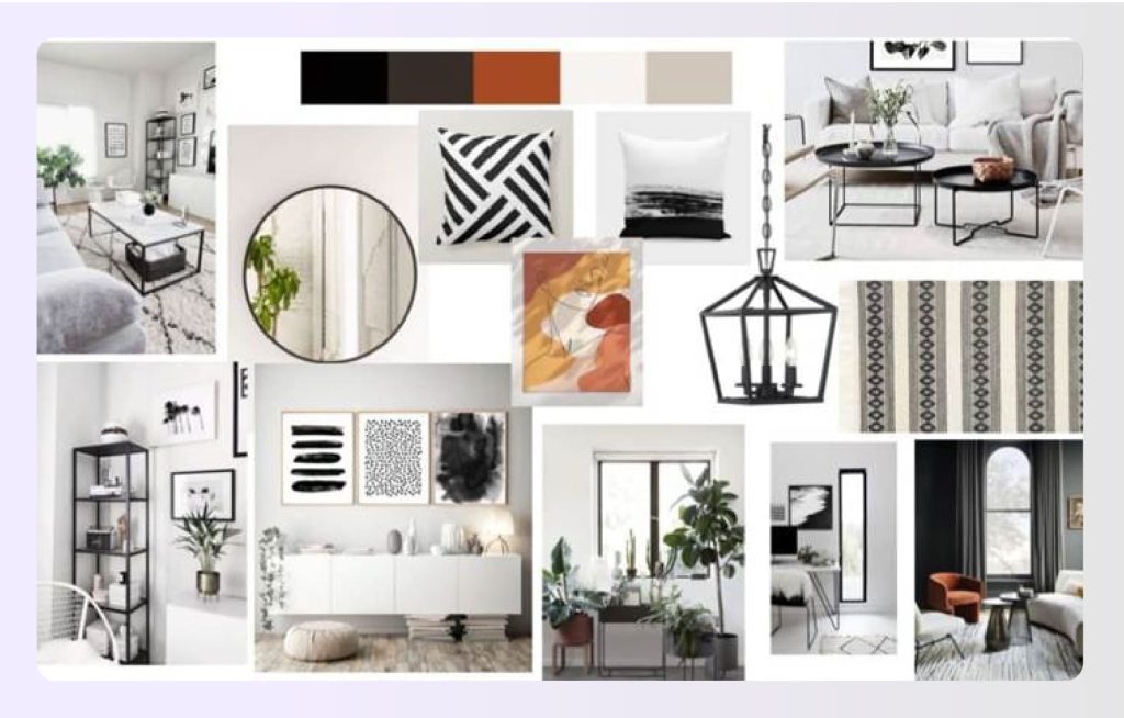 Modern living room interior design mood board collage