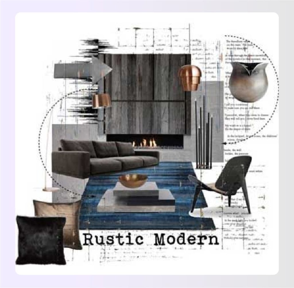 Rustic modern interior mood board with blue rug and dark furniture