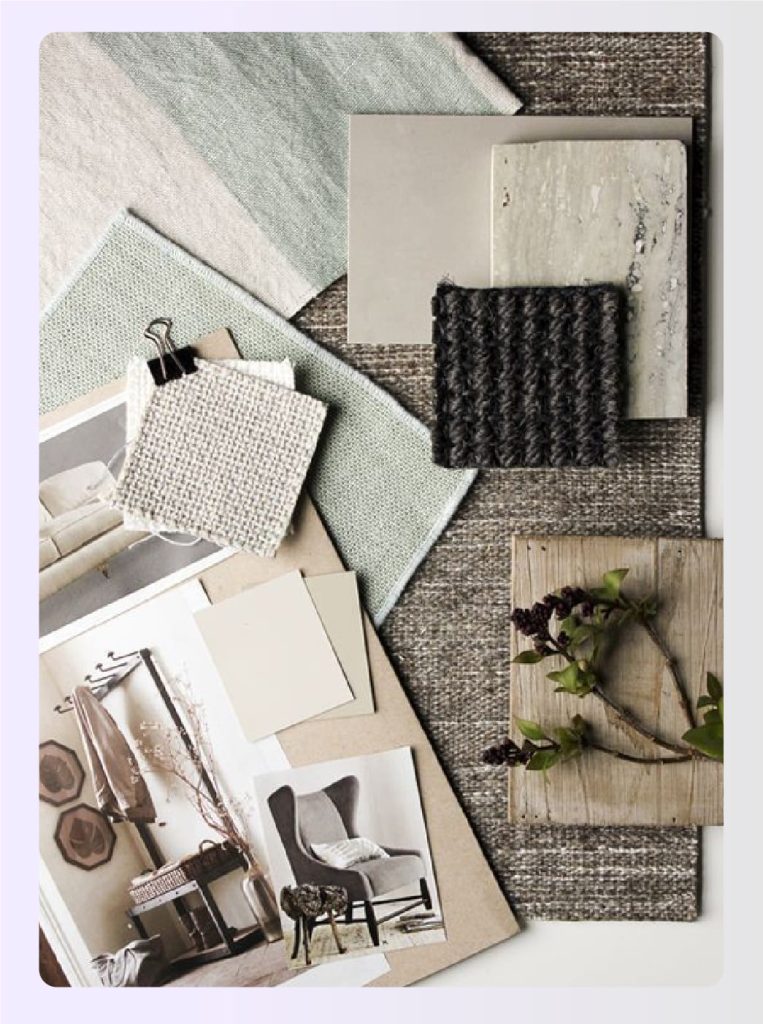 Material focused mood board with fabric and wood samples Material focused mood board with fabric and wood samples