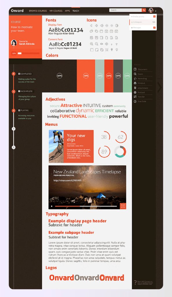 Mood board detailing fonts icons and color percentages Mood board detailing fonts icons and color percentages