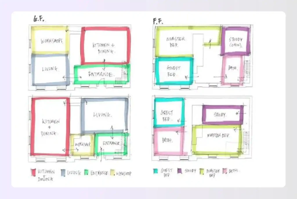 Hand-drawn interior design floor plan sketches
