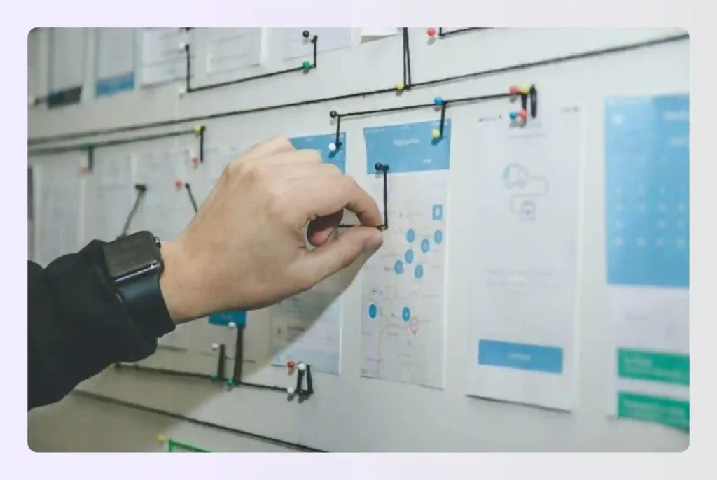 Hand pinning notes on a strategy board