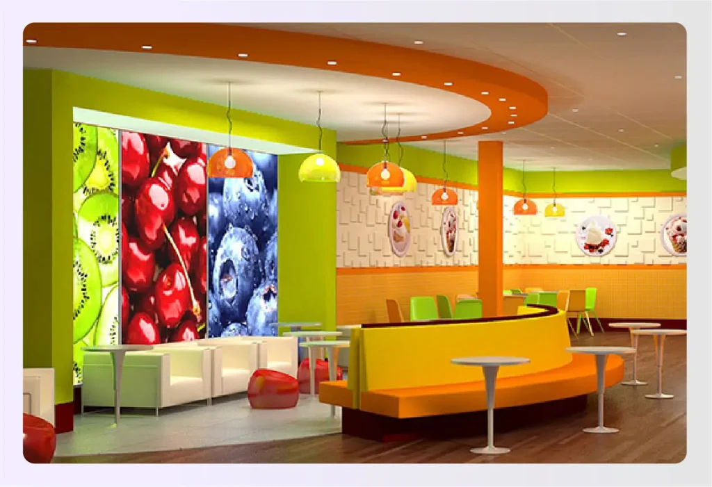 Brightly colored commercial space with fruit branding 