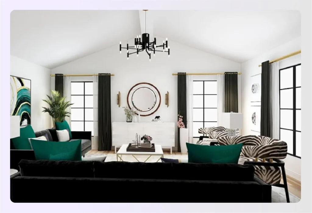 Cohesive living room with black and green accents 