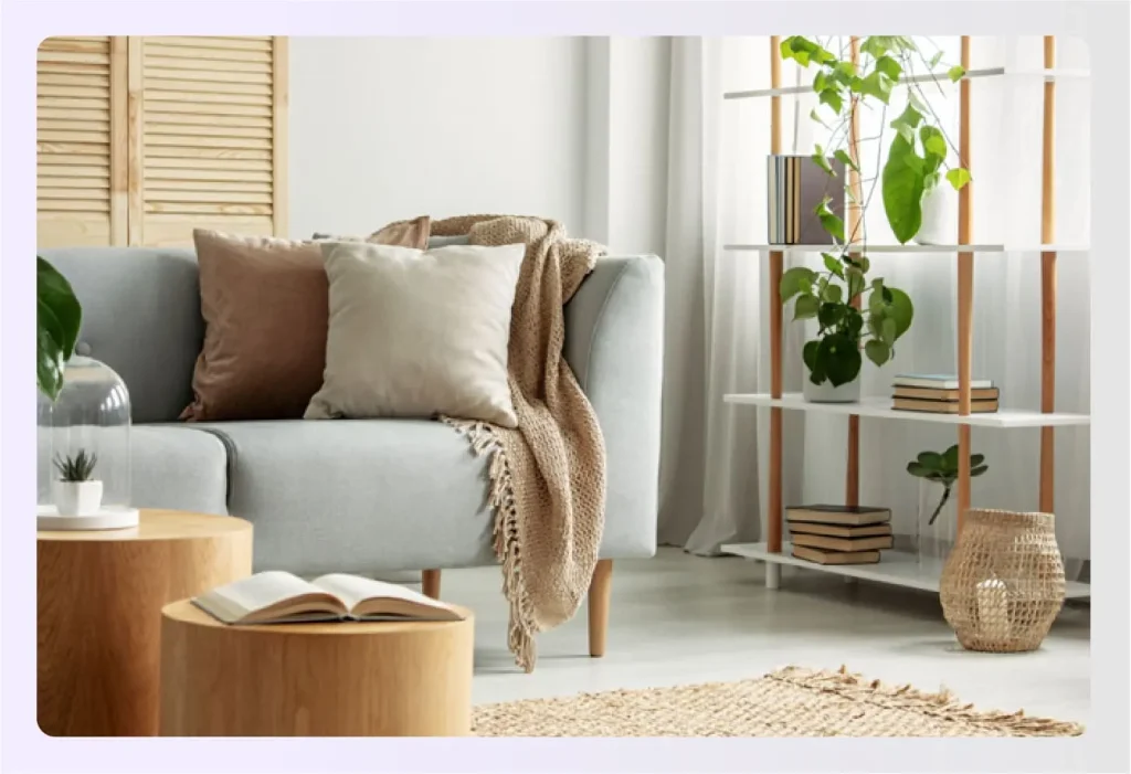 Properly scaled sofa and tables in living room 