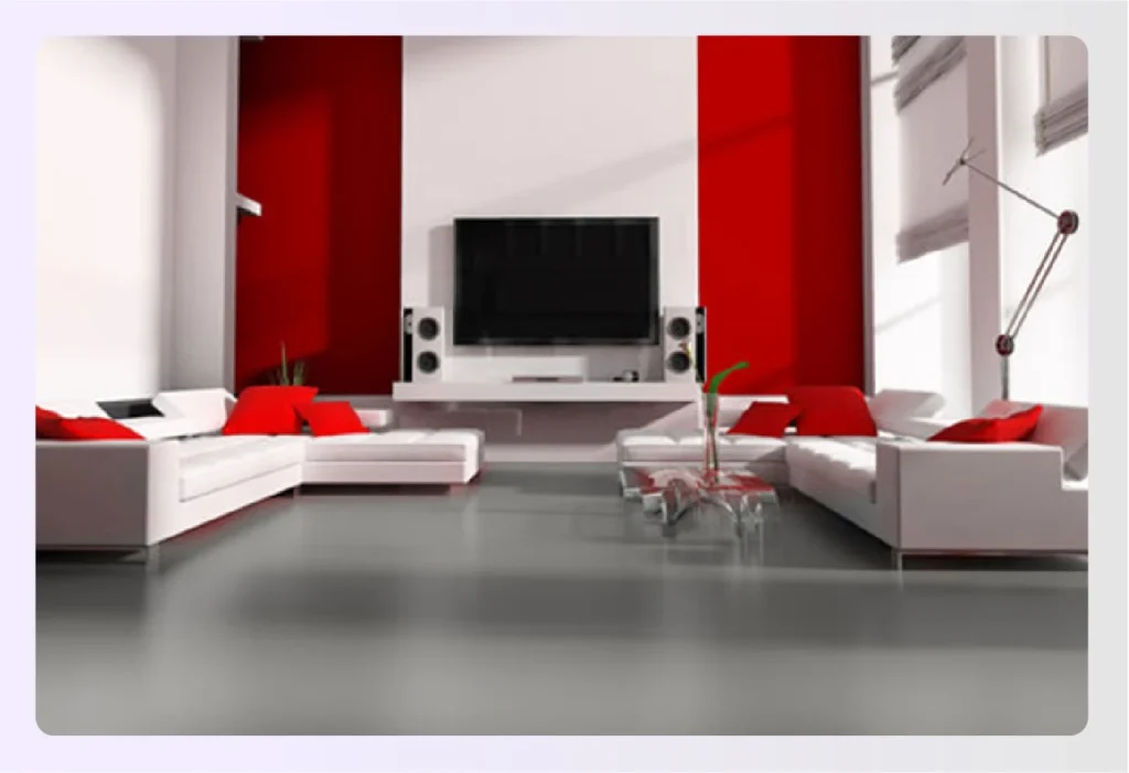 Red and white modern living room seating 