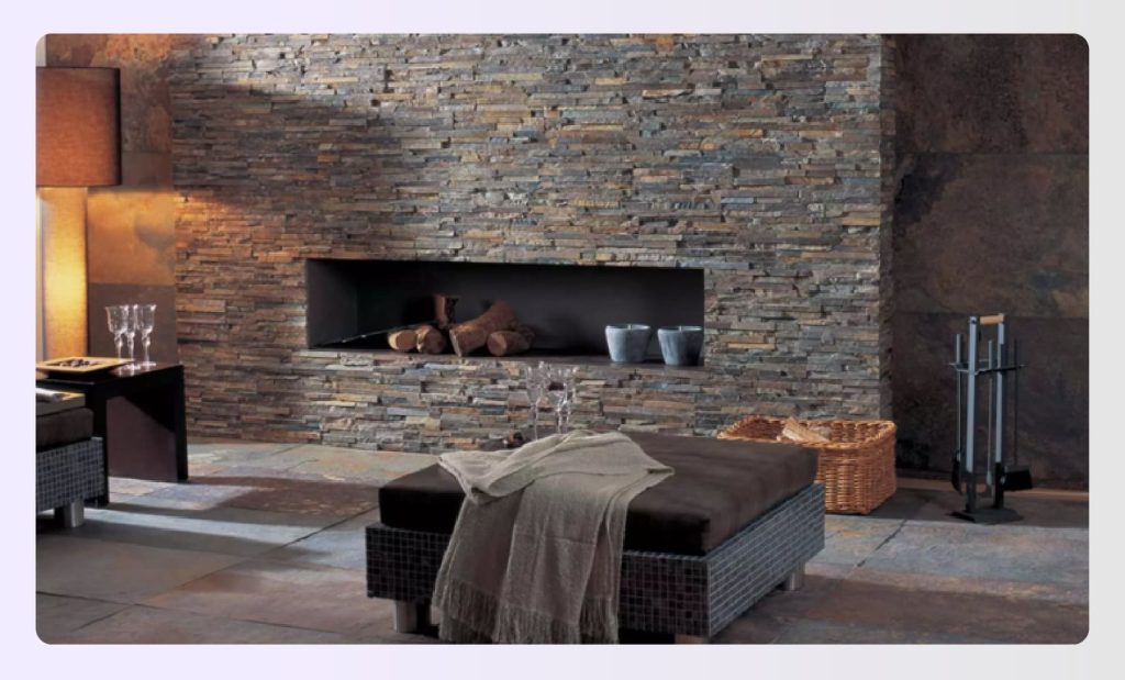 Stone wall fireplace display in exhibition setting
