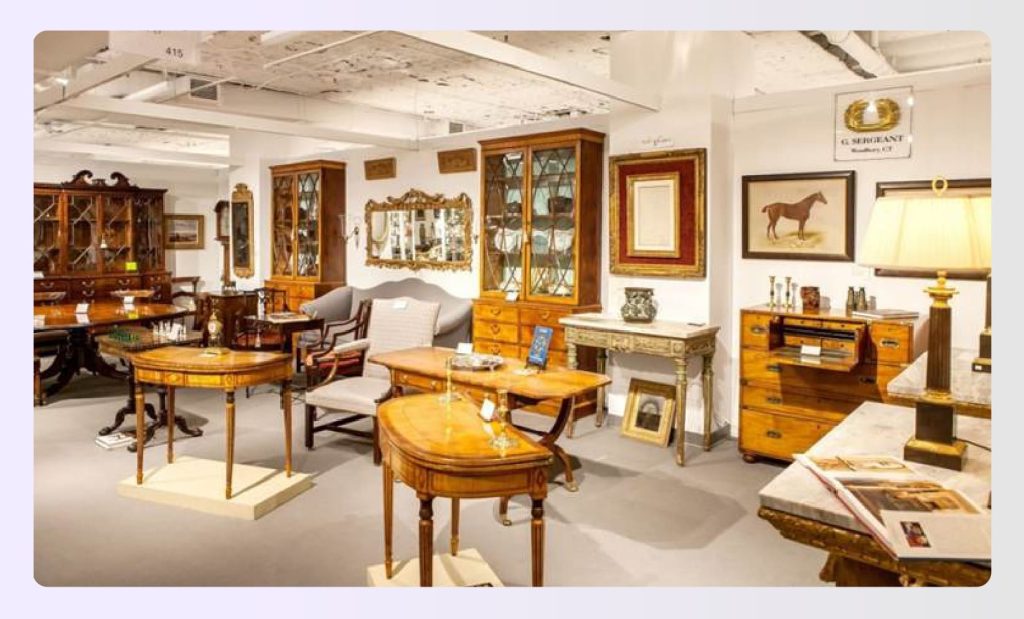 Interior room displaying various antique lighting fixtures