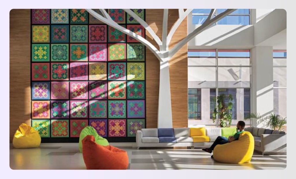 Colorful retail store layout with creative displays Colorful retail store layout with creative displays