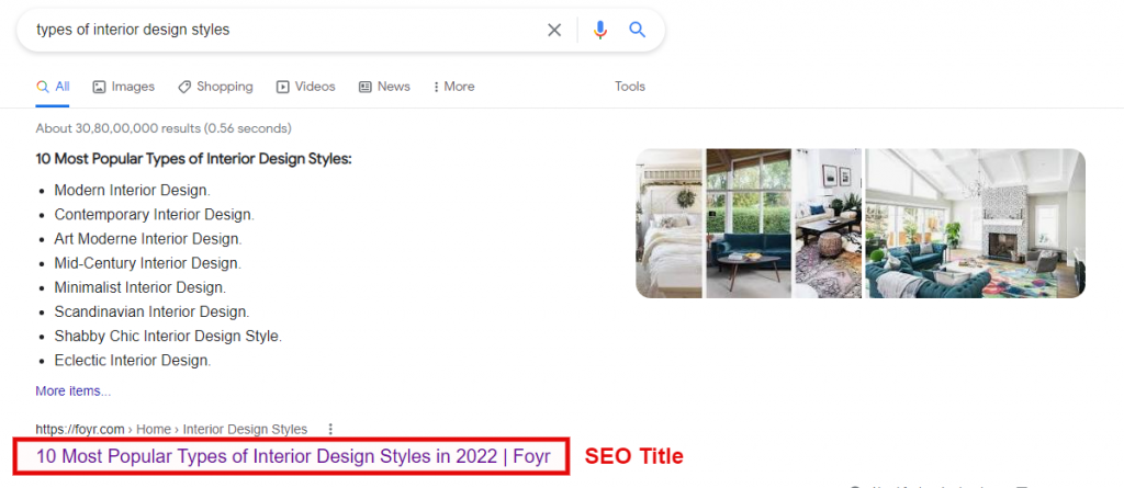 title and heading in seo for interior design