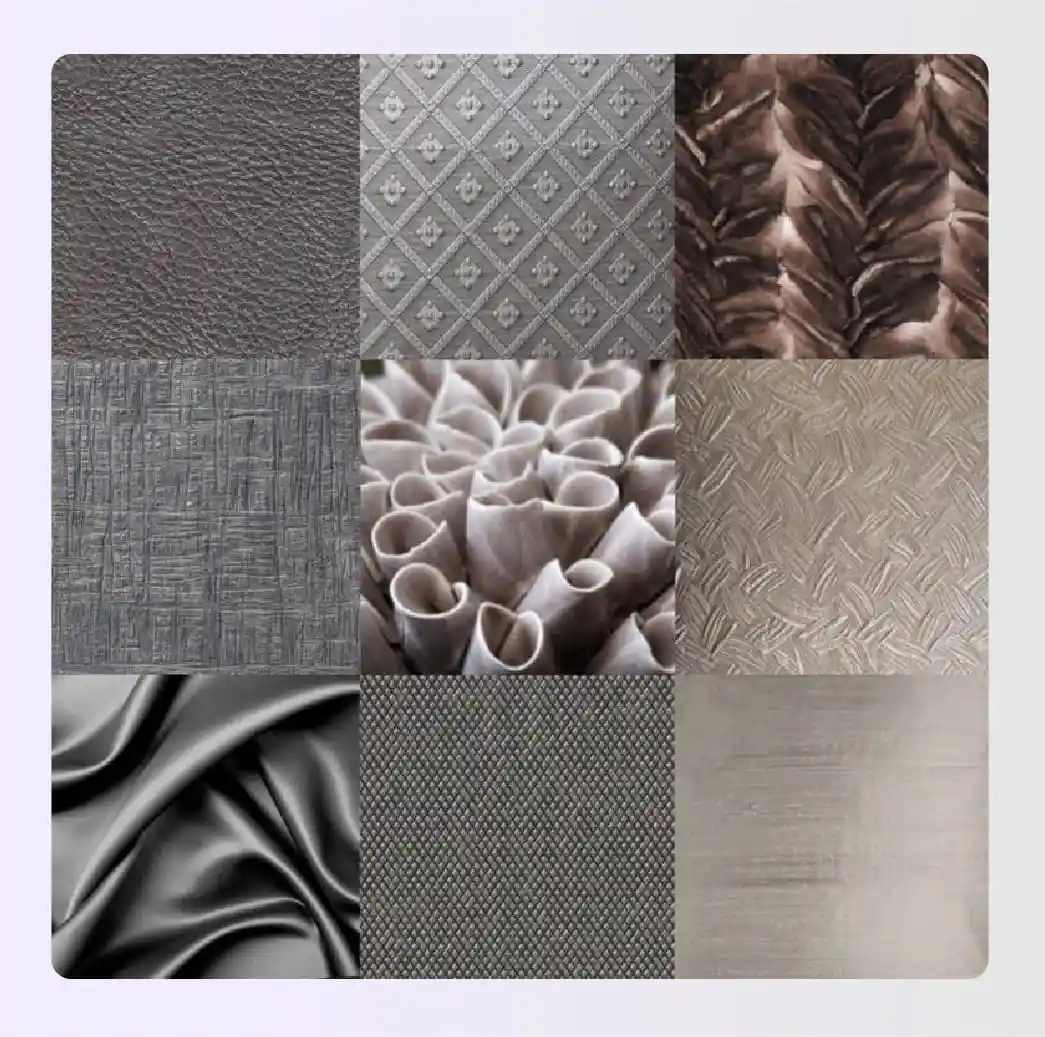 Collage showing leather, fur, metal, and wood textures for interiors Collage showing leather, fur, metal, and wood textures for interiors