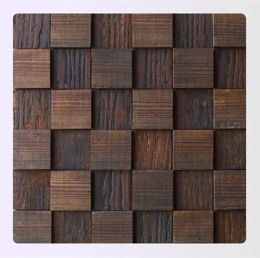 Textured wall paneling made of square wooden blocks in various shades Textured wall paneling made of square wooden blocks in various shades