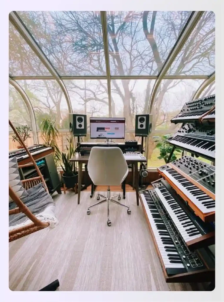 Bright music room in a sunroom with keyboards