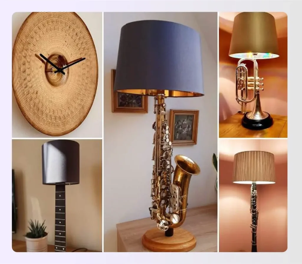  Collage of repurposed instruments as lamps and clocks