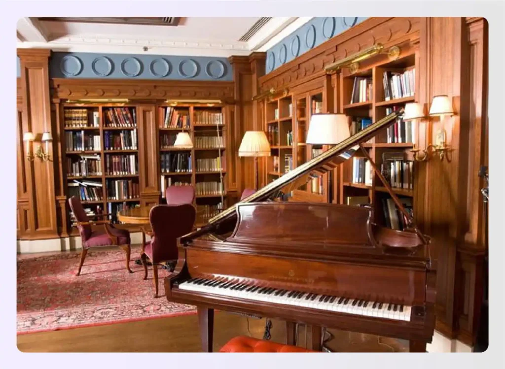 Elegant library with a grand piano in the center
