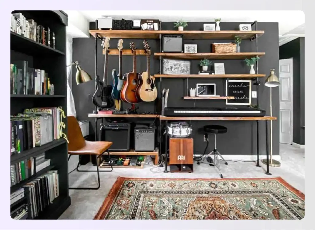 Living room music corner with keyboard and guitars
