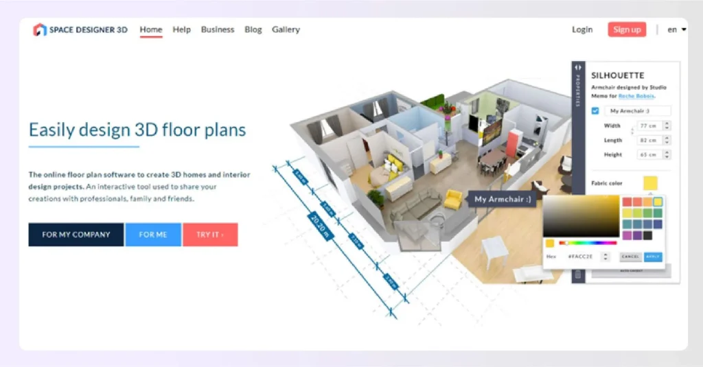 Space Designer 3D website with 3D floor plan