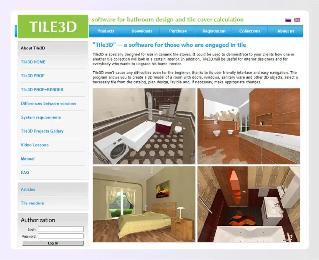 Tile3D software website showing bathroom tile designs