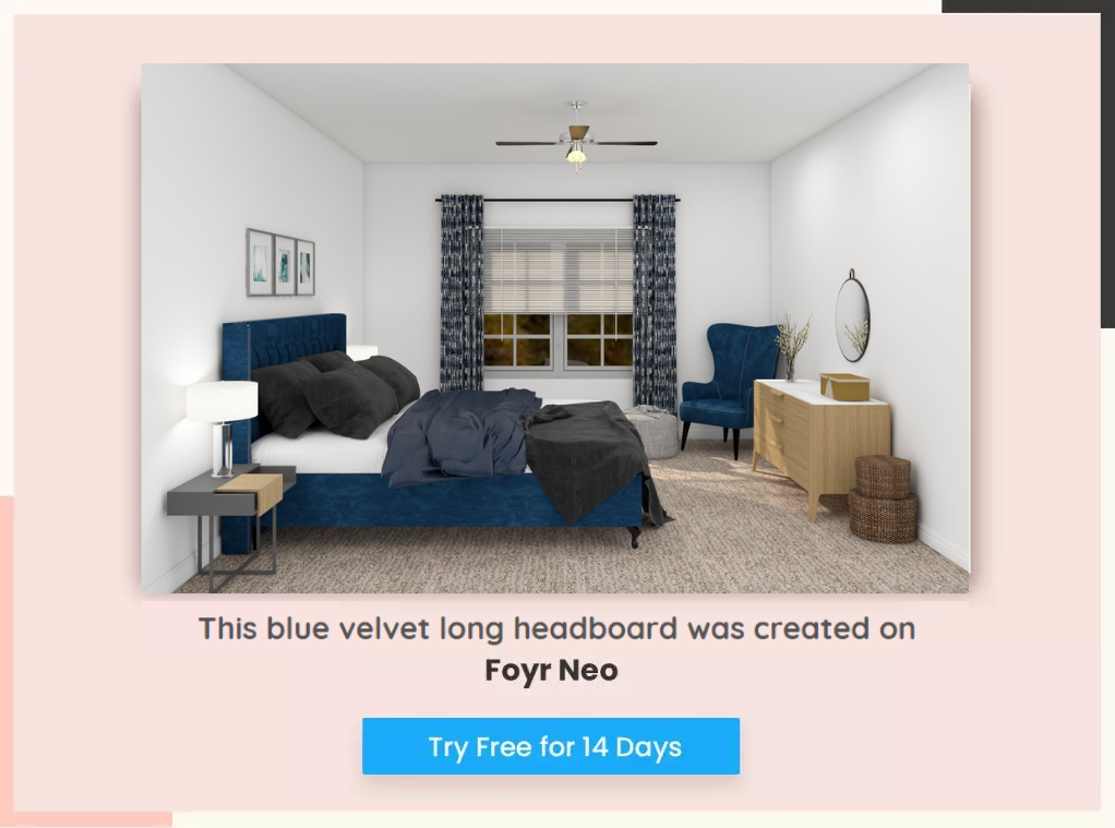 blue velvet long headboard created on foyr neo