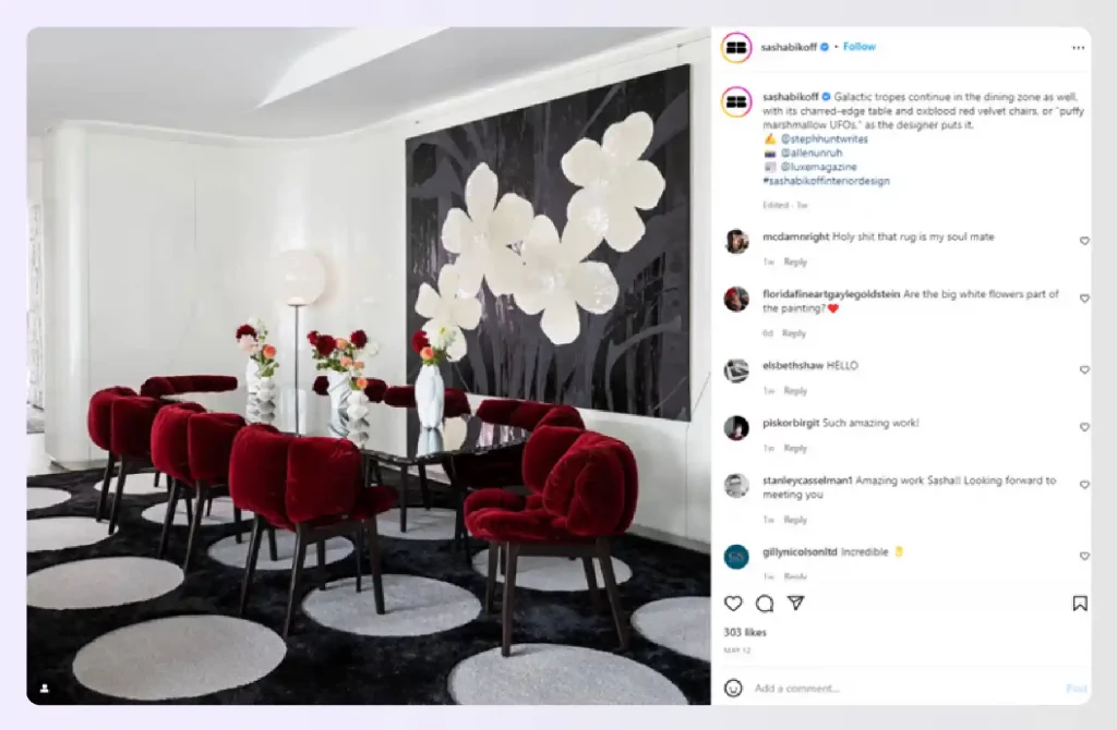 A bold dining room with monochrome and red accents
