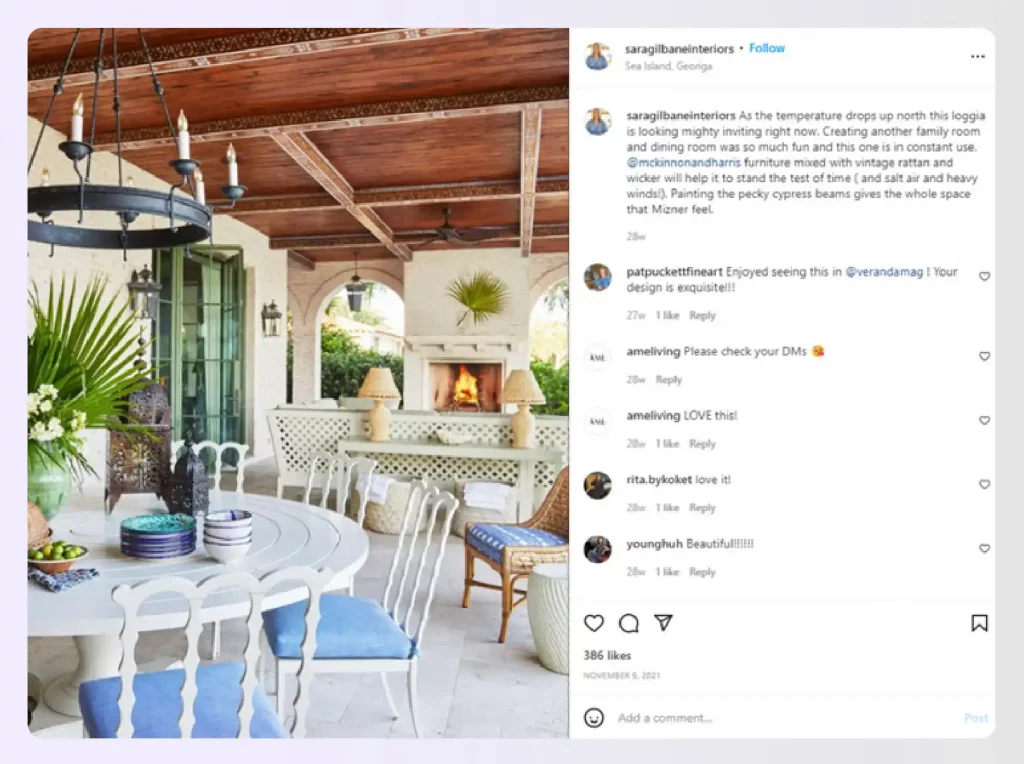 A bright and airy patio design with a fireplace