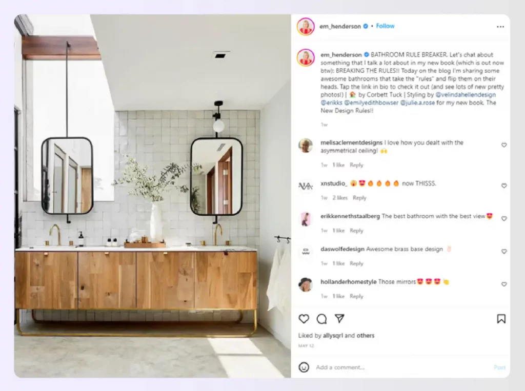 A bright, modern bathroom with wooden vanity accents