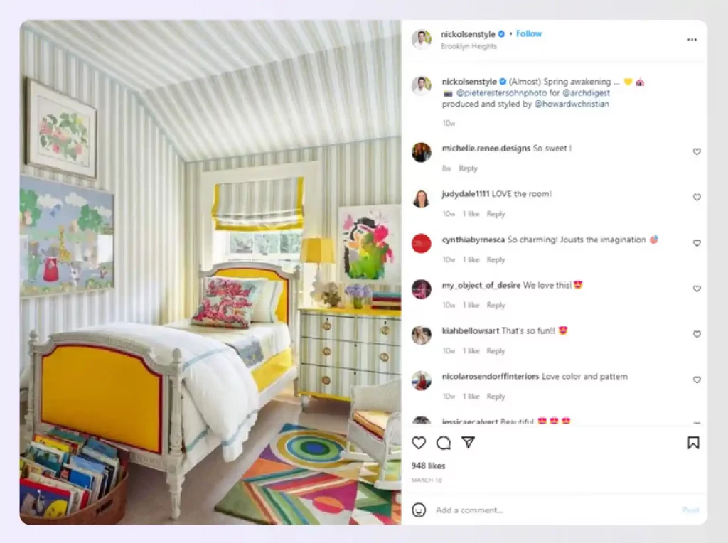 A colorful, whimsical child's bedroom with striped walls
