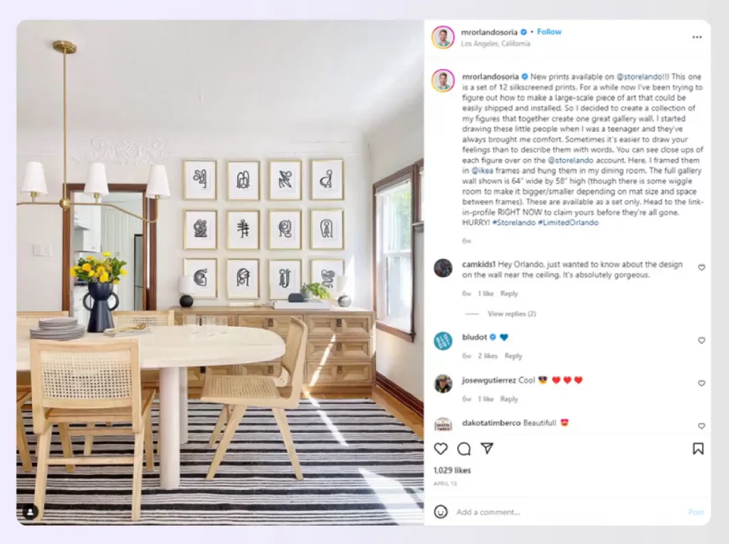 A light-filled dining room with modern art display